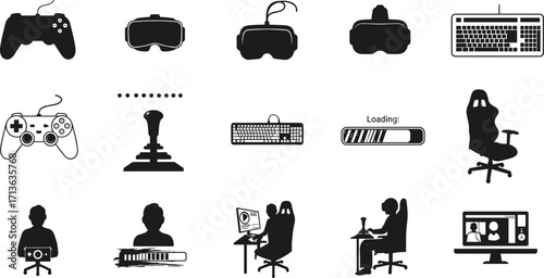 Black and white gaming and virtual reality icon set featuring controllers, headsets, consoles, keyboards, players, chairs, and interactive technology symbols