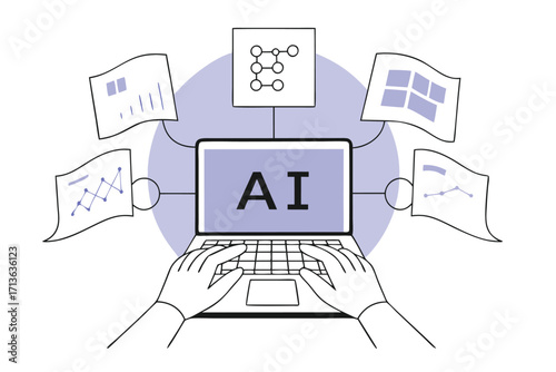 Innovative AI solutions visualized on laptop with data analysis and machine learning diagrams for modern business intelligence and technology strategies