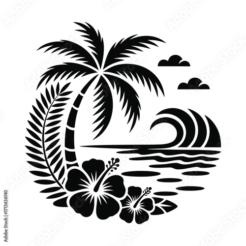 A vibrant tropical sunset over the ocean with a silhouetted palm tree on a sandy beach