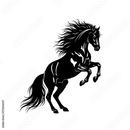Majestic black horse rearing up in dynamic silhouette