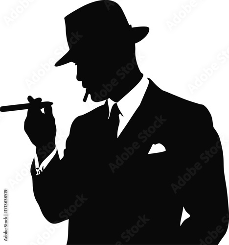 Man in hat smoking cigar silhouette suit