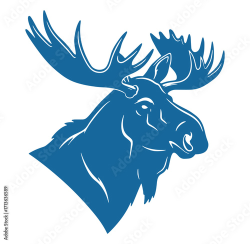 Vector illustration of a blue moose head with detailed antlers on a white background
