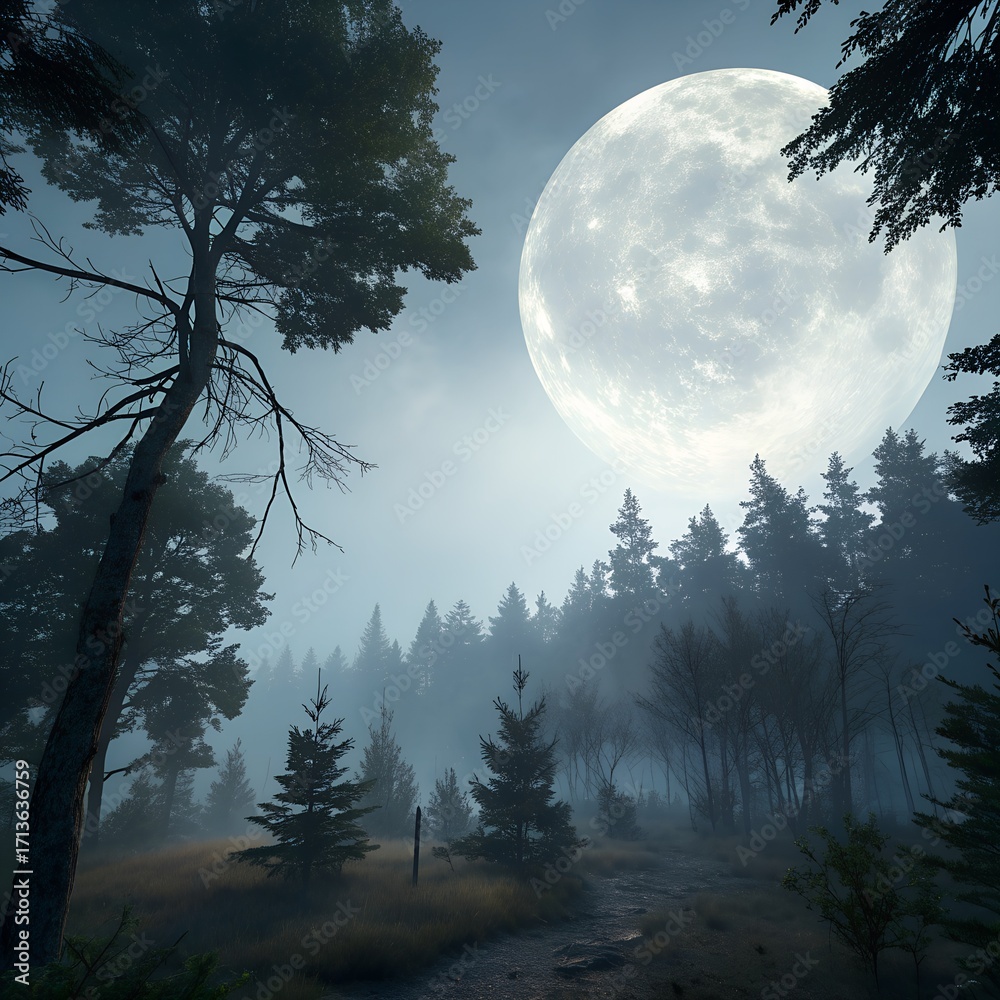 Fototapeta premium Square Full Moon Glowing Above Haunted Forest Spooky Halloween