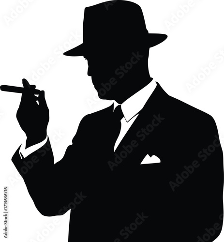Man in hat smoking cigar vector silhouette