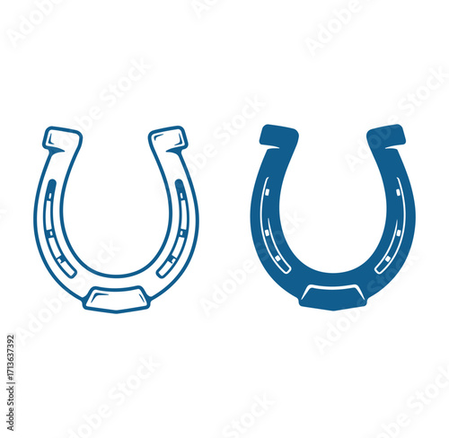 Vector illustration of two detailed blue horseshoe designs isolated on a white background