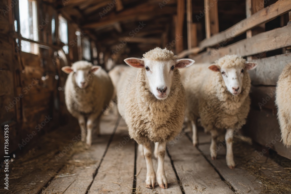 Obraz premium Sheep Walking in a Barn with Rustic Wooden Interior Setting