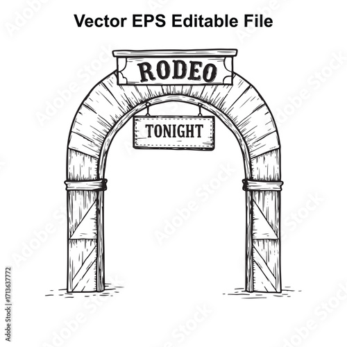 Vector art of handdrawn sketch of a wooden archway with rodeo and tonight signs