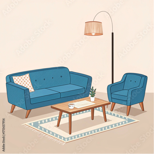 Cozy blue living room furniture arrangement with coffee table and lamp