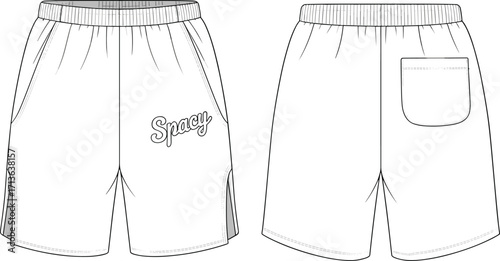 Cad drawing flat vector illustration of sporty elastic waistband shorts with side slits, back pocket, logo print, fashion template