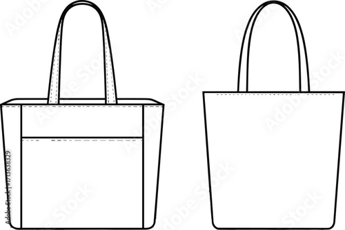 Cad drawing flat vector illustration of tote bag front and back view, technical fashion sketch for handbag accessory design