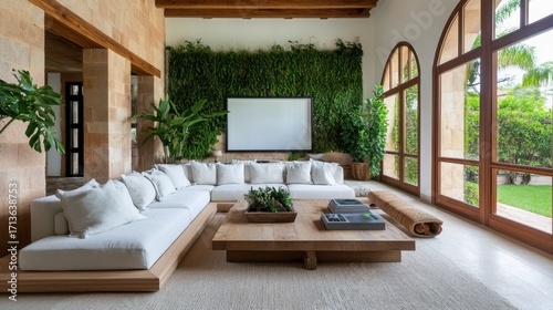 Rustic-meets-modern living room with natural greenery and a full wall for projection