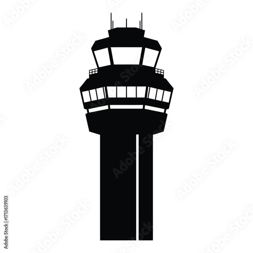 Silhouette of an airport control tower with multiple windows and communication equipment
