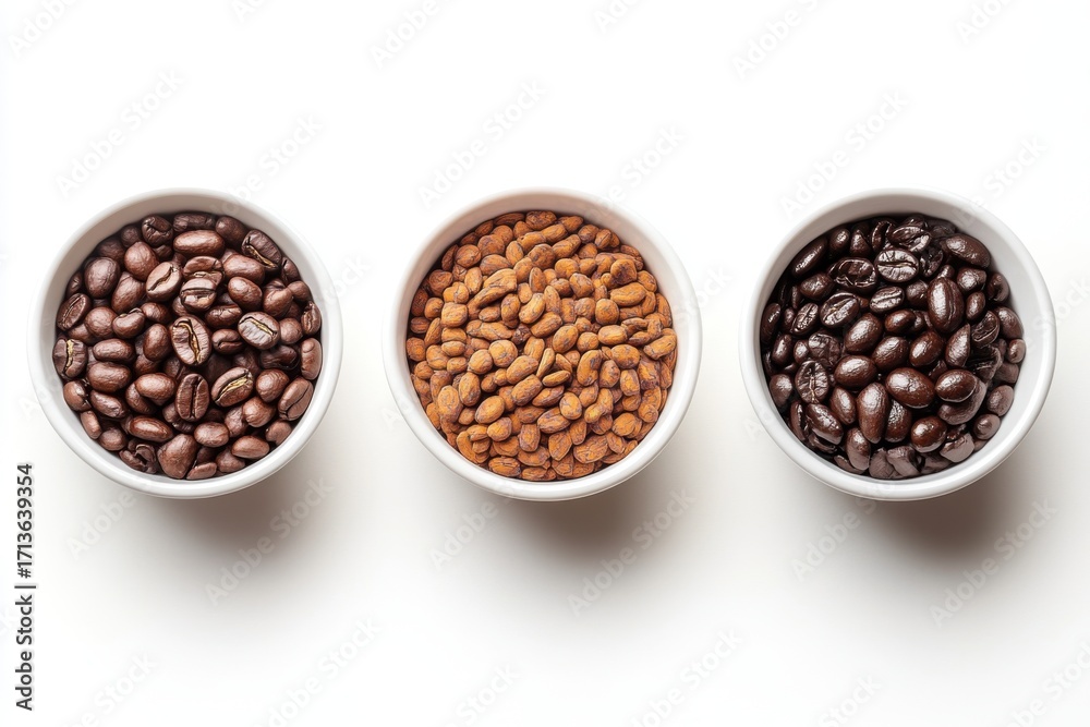 Fototapeta premium Three Varieties of Coffee Beans in White Bowls Isolated on White