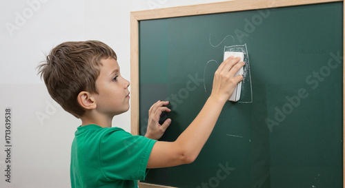 Young boy erasing chalkboard with eraser in classroom setting  