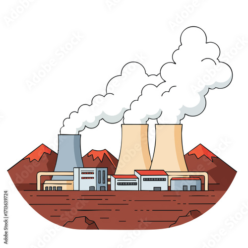 A geothermal power plant with steam rising from its cooling towers is depicted in a vibrant volcanic landscape, presented as a clean-outlined, simplified flat 2D vector illustration.