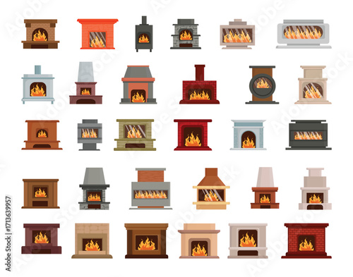 Cozy fireplace vector collection with burning fire for Christmas holiday decoration, winter season and festive home design