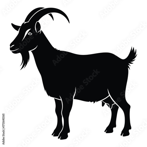 Majestic silhouette of a standing goat with impressive horns and beard