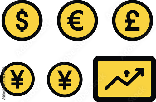 Currency symbols and upward financial trend graph