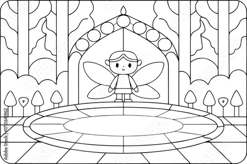 A cheerful fairy stands in a whimsical garden scene, ready for coloring