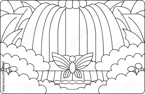 A stylized butterfly rests peacefully before a large waterfall in a minimalist line art
