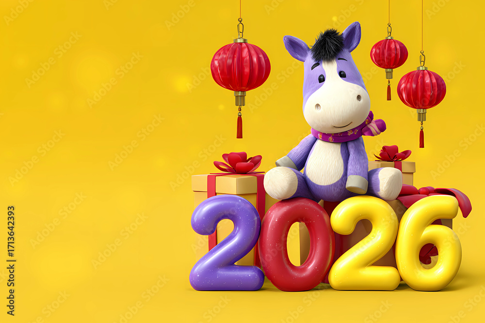 Fototapeta premium Chinese New Year 2026 background, year of the horse with 3d horse, lampion and yellow background. empty space, card