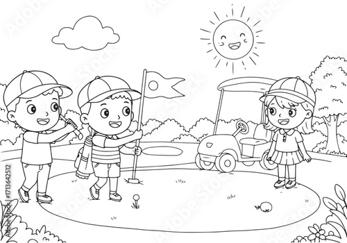Golf course with boy and girl golfers outline illustration for coloring page. National Golf Day