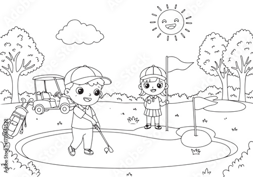 Golf course with boy and girl golfers outline illustration for coloring page. National Golf Day
