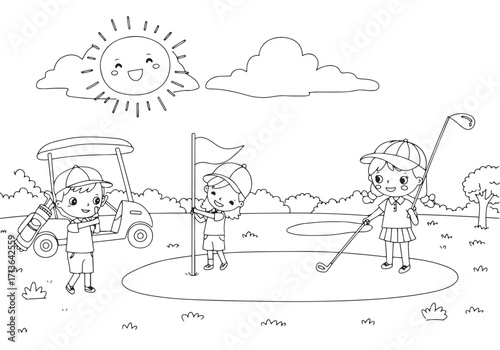 Golf course with boy and girl golfers outline illustration for coloring page. National Golf Day