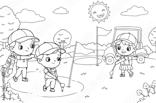 Golf course with boy and girl golfers outline illustration for coloring page. National Golf Day