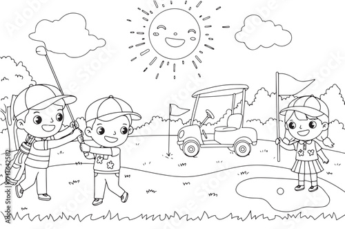 Golf course with boy and girl golfers outline illustration for coloring page. National Golf Day