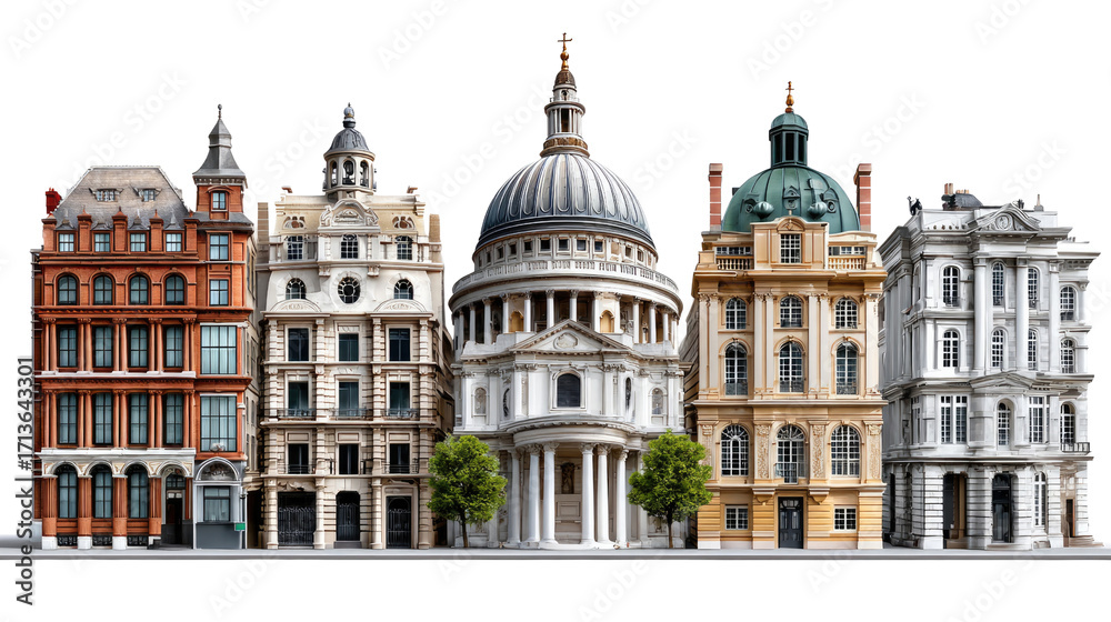 Naklejka premium Architectural Marvels: A lineup of iconic buildings, showcasing diverse architectural styles. The cityscape captures the essence of urban design and history.