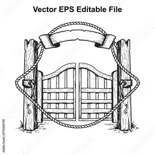 Vector art of western saloon swinging doors with rope and banner