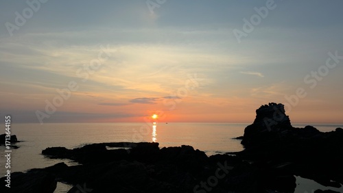 Summer seascape, dawn sunrise, beautiful sky colors, sun, sea, cloud background, beautiful sunrise scenery, Jeongdongjin sea, South Korea
- 여름 자연, 새벽 일출, 아름다운 하늘, 태양, 바다, 구름 배경, 멋진 해돋이 풍경, 정동진 바다, 한국