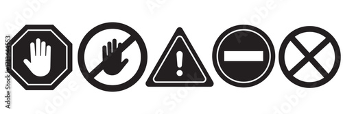 Set of red warning and prohibition signs. Includes stop, hand, danger, no entry, traffic light, and barrier icons. Flat vector style for safety, traffic, construction, or alert use. icons, vector.