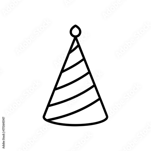 Striped party hat with a small pom pom top on transparent background