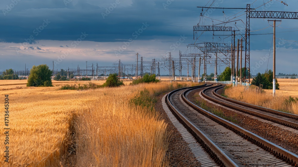 Fototapeta premium Serene Landscape of Train Tracks Curving Through Golden Wheat Fields Under a Dramatic Sky