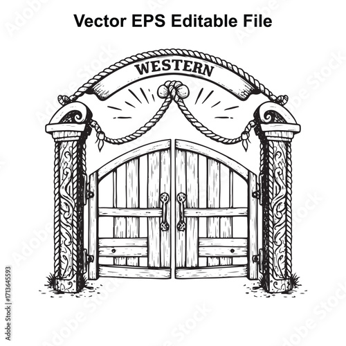 Vector art of vintage western saloon double doors with arched entrance and rope detail