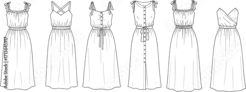 CAD drawing flat vector illustration of women’s summer dresses fashion template, front view, six styles, sleeveless, belted, smocked