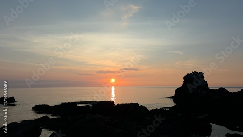 Summer seascape, dawn sunrise, beautiful sky colors, sun, sea, cloud background, beautiful sunrise scenery, Jeongdongjin sea, South Korea
- 여름 자연, 새벽 일출, 아름다운 하늘, 태양, 바다, 구름 배경, 멋진 해돋이 풍경, 정동진 바다, 한국