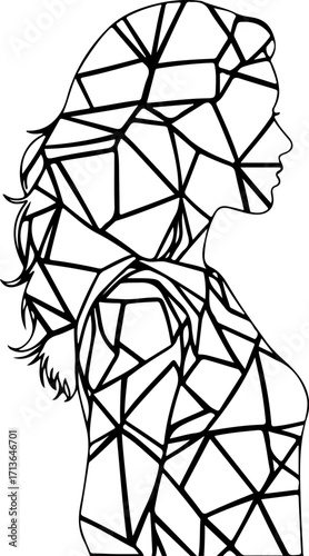 Silhouette of a woman filled with geometric shapes isolated on white background, creating a modern and abstract representation of femininity