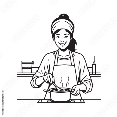 Black and White Vector Illustration of a Smiling Woman Cooking in Kitchen with Apron and Headband