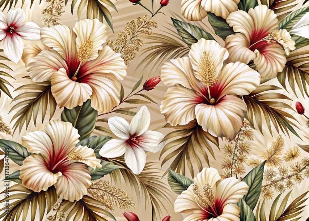 Fototapeta premium Elegant Hibiscus Flower Pattern with Tropical Leaves for Textile and Wallpaper Design