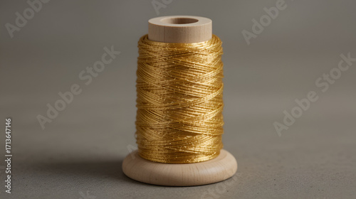 A spool of metallic gold sewing thread neatly wrapped around a wooden base, used for crafts, embroidery, and design.