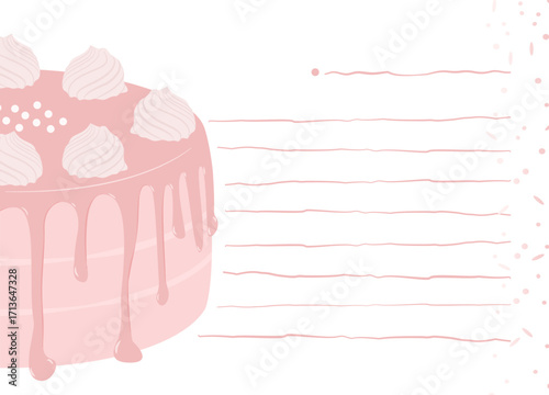 Cute pink cake illustration with lined paper template background, decorative sweet dessert stationery design.