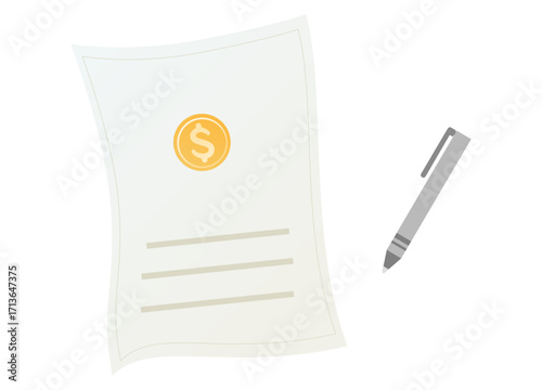 Pen with paper sheet icon, financial or office stationery concept illustration.