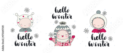 Cute winter illustrations, funny characters, children enjoying a snowy day. People wearing warm clothes outside under a falling snow. Hello, winter.