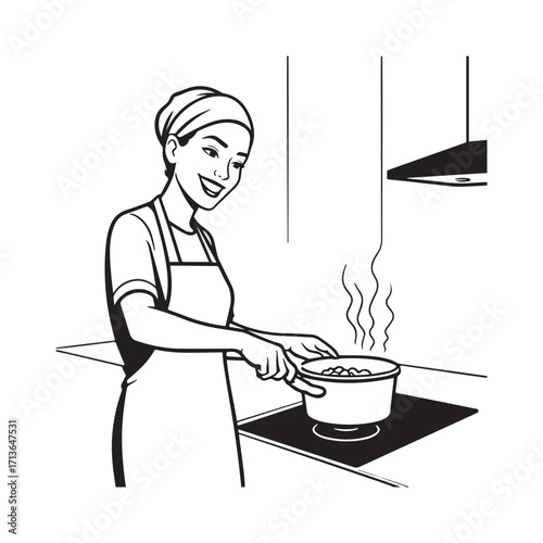Black and White Vector Illustration of a Smiling Woman Cooking in Kitchen with Apron and Headband