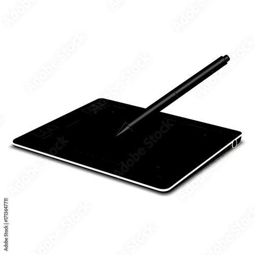 Black digital drawing tablet and stylus silhouette isolated on white background