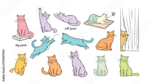 Colorful Cat Collection: a delightful assortment of stylized feline illustrations. Each cat embodies a unique pose and personality, presenting a lighthearted and playful depiction of domestic animals.