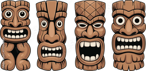 Tiki mask illustration, tribal totem face art, Polynesian cultural design, wooden carving decoration, exotic island festival symbol, traditional ethnic sculpture